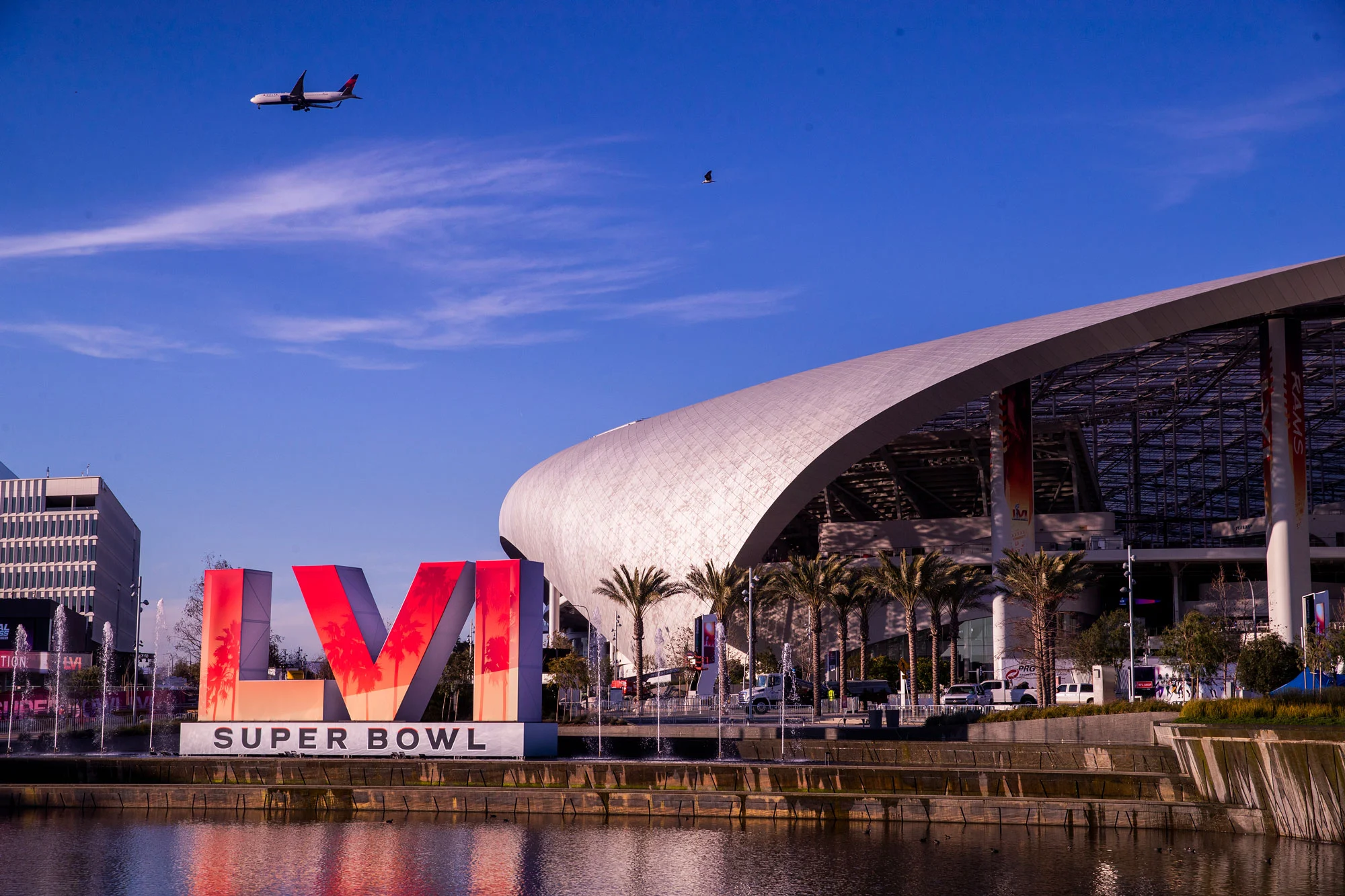 SoFi Stadium with a Super Bowl LVI in front